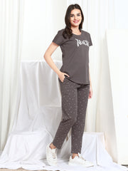 Women Printed Beige Hosiery night suits