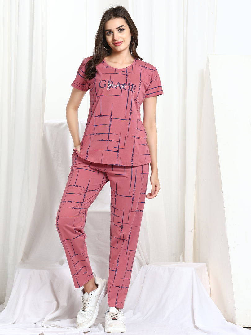 Women Printed Pink Hosiery night suits
