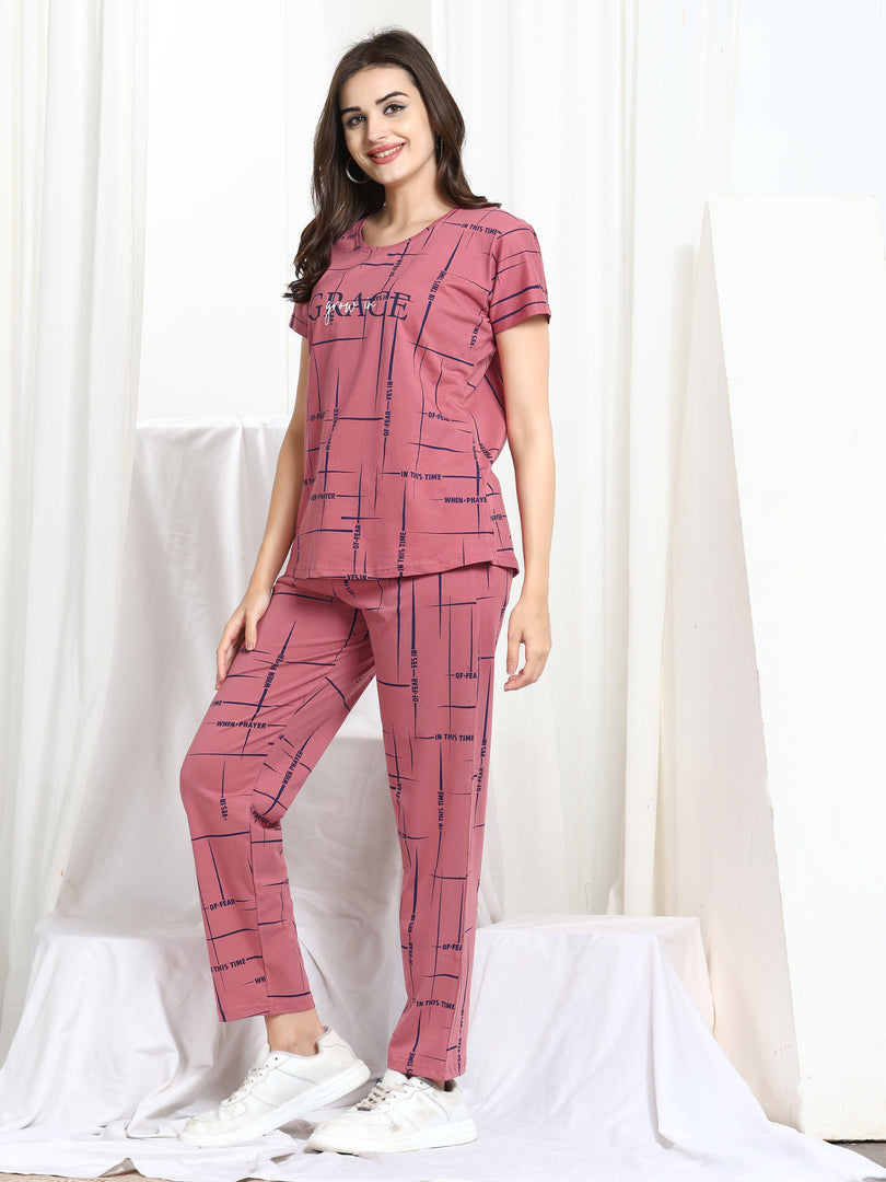 Women Printed Pink Hosiery night suits
