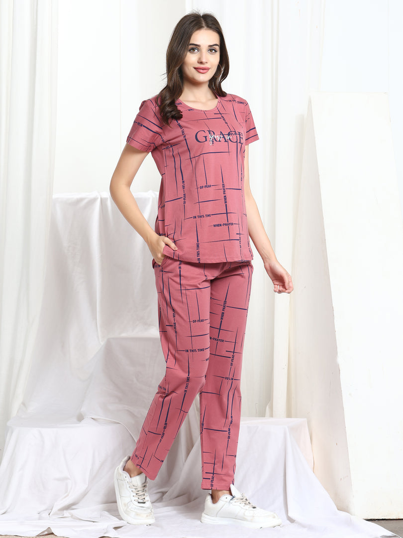 Women Printed Pink Hosiery night suits
