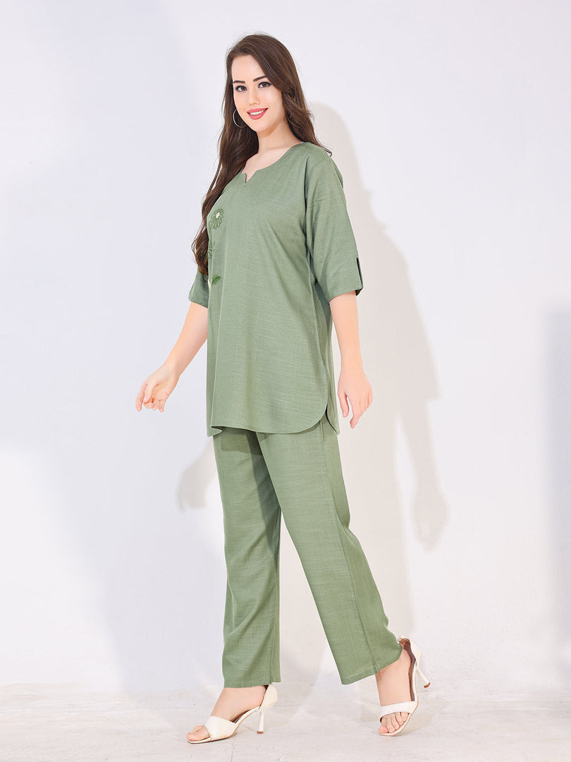 Women Blue Solid Embroidered Stylish Co-ord Set