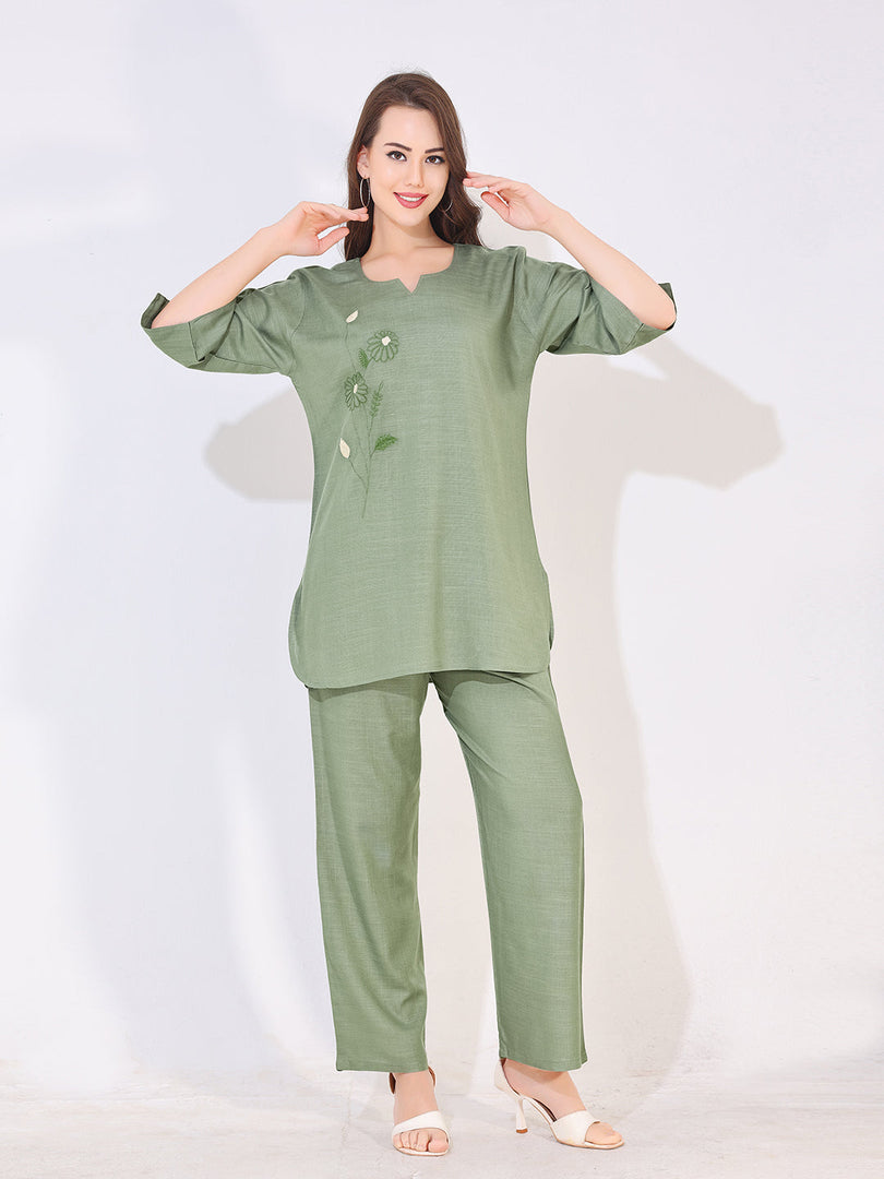 Women Blue Solid Embroidered Stylish Co-ord Set