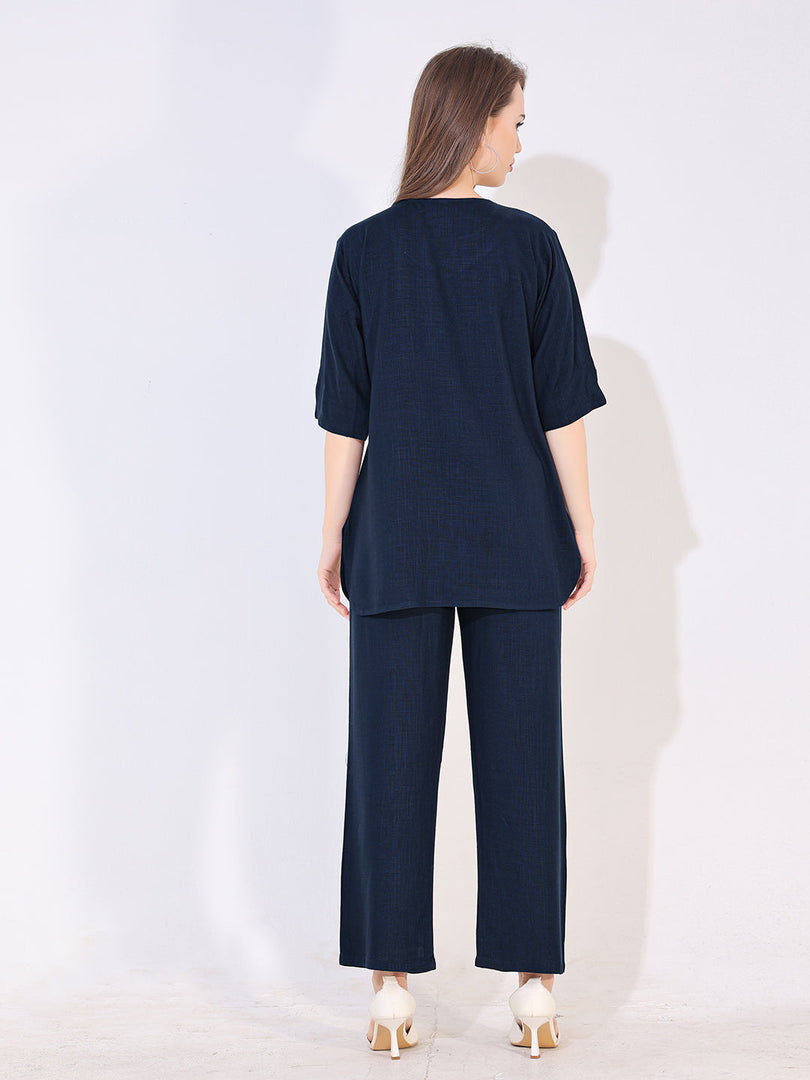 Women Blue Solid Embroidered Stylish Co-ord Set