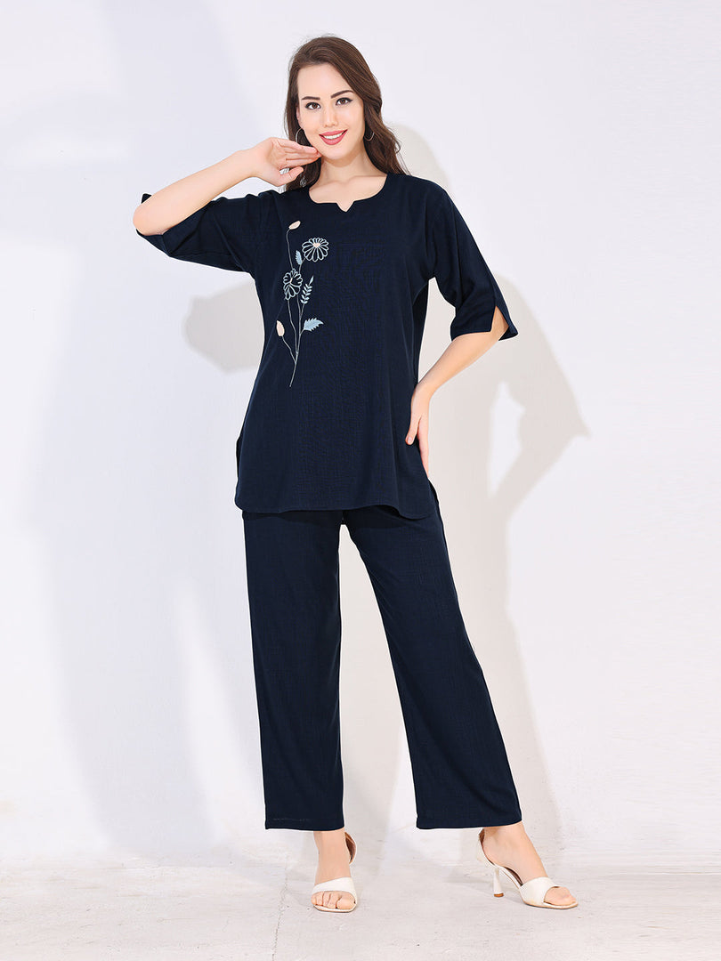 Women Blue Solid Embroidered Stylish Co-ord Set