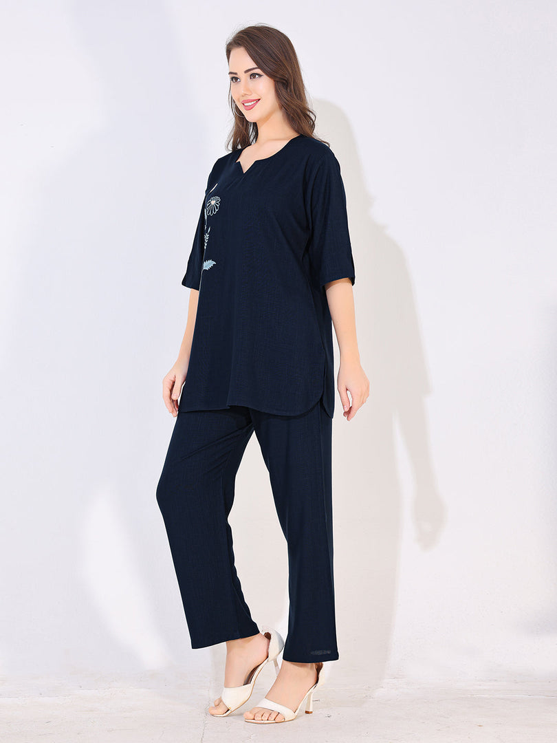 Women Blue Solid Embroidered Stylish Co-ord Set