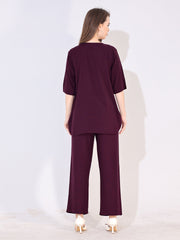 Women Wine Solid Embroidered Stylish Co-ord Set