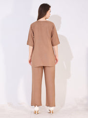 Women Beige Solid Embroidered Stylish Co-ord Set