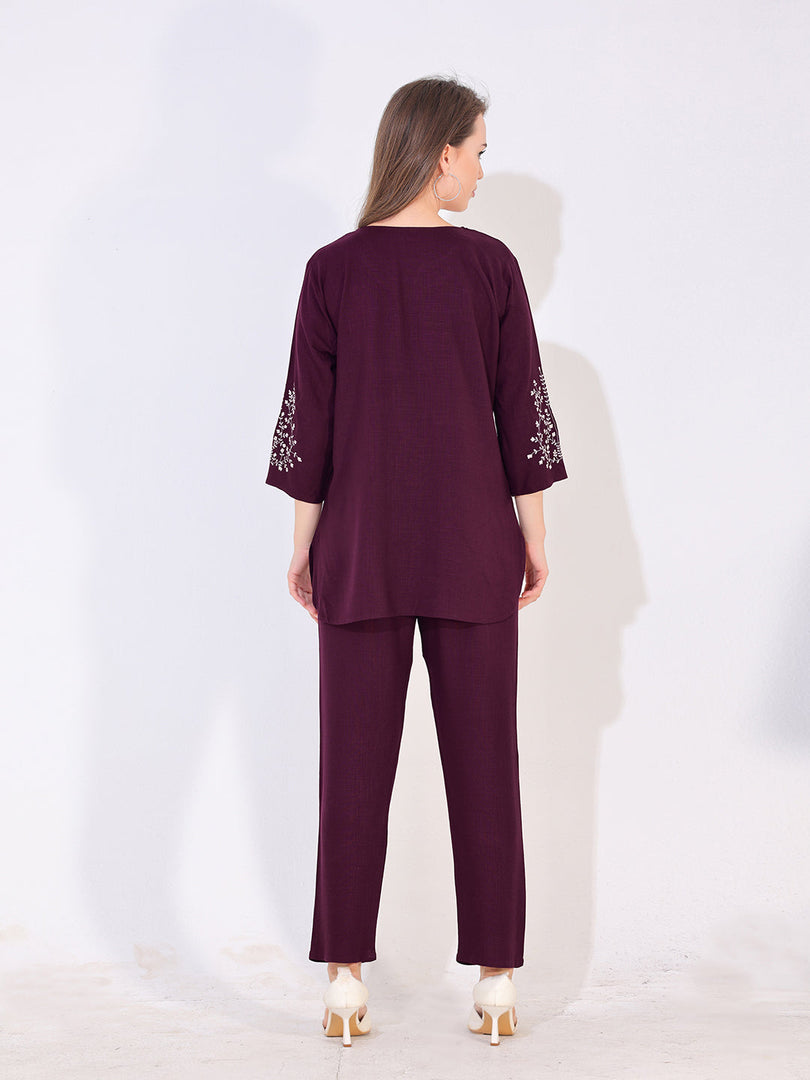 Women Red Solid Embroidered Stylish Co-ord Set