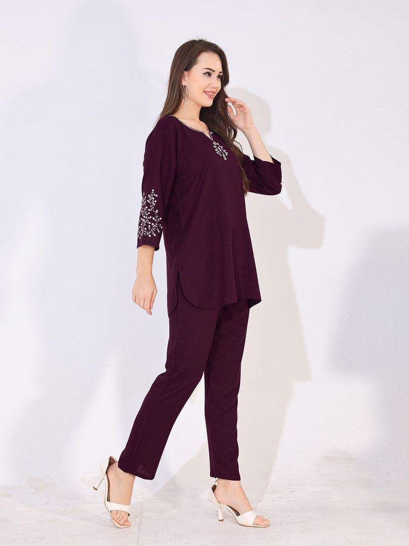 Women Red Solid Embroidered Stylish Co-ord Set