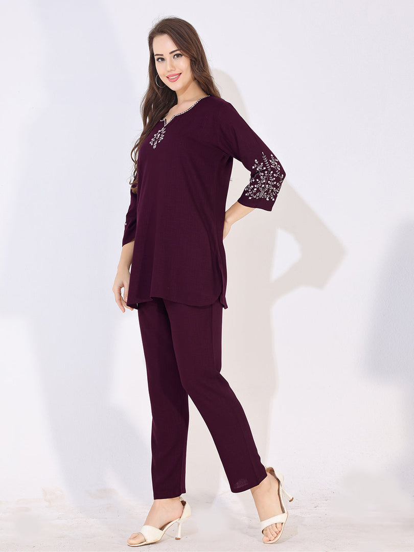 Women Red Solid Embroidered Stylish Co-ord Set