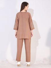 Women Beige Solid Embroidered Stylish Co-ord Set