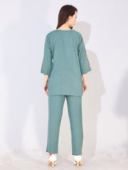 Women Blue Solid Embroidered Stylish Co-ord Set