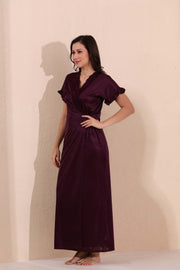 Arela Burgundy Women Satin Baby Doll with Robe