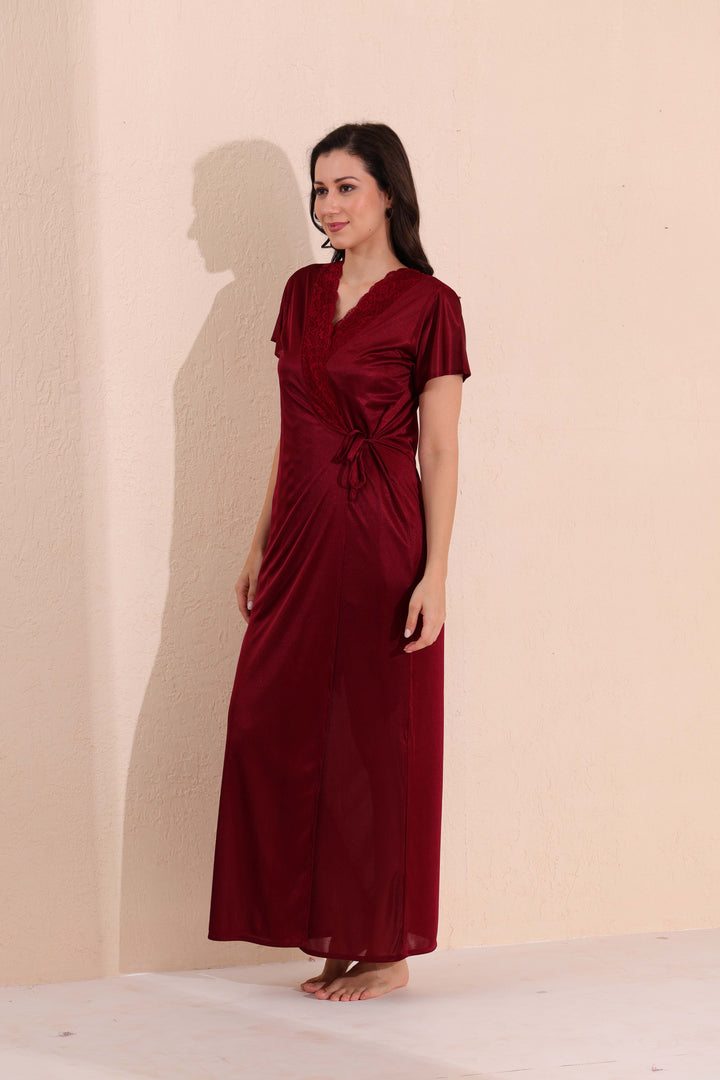 Arela Women Satin Baby Doll with Robe Maroon
