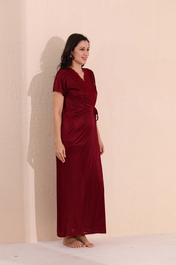 Arela Women Satin Baby Doll with Robe Maroon