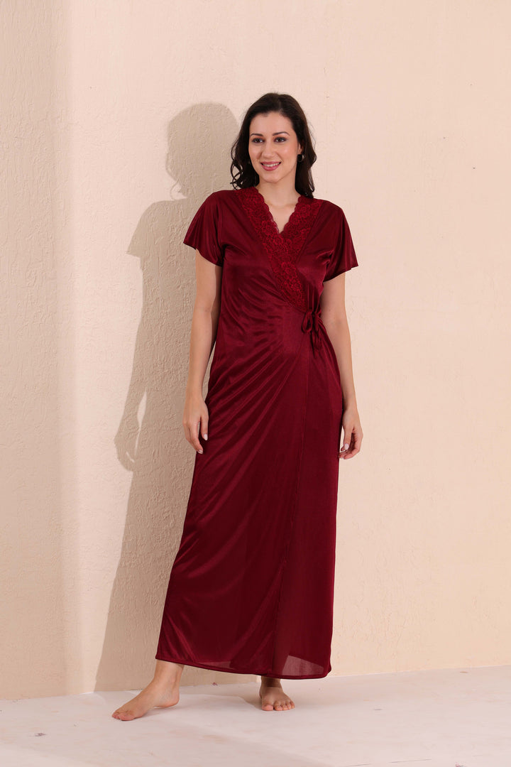 Arela Women Satin Baby Doll with Robe Maroon