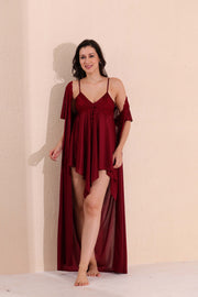 Arela Women Satin Baby Doll with Robe Maroon