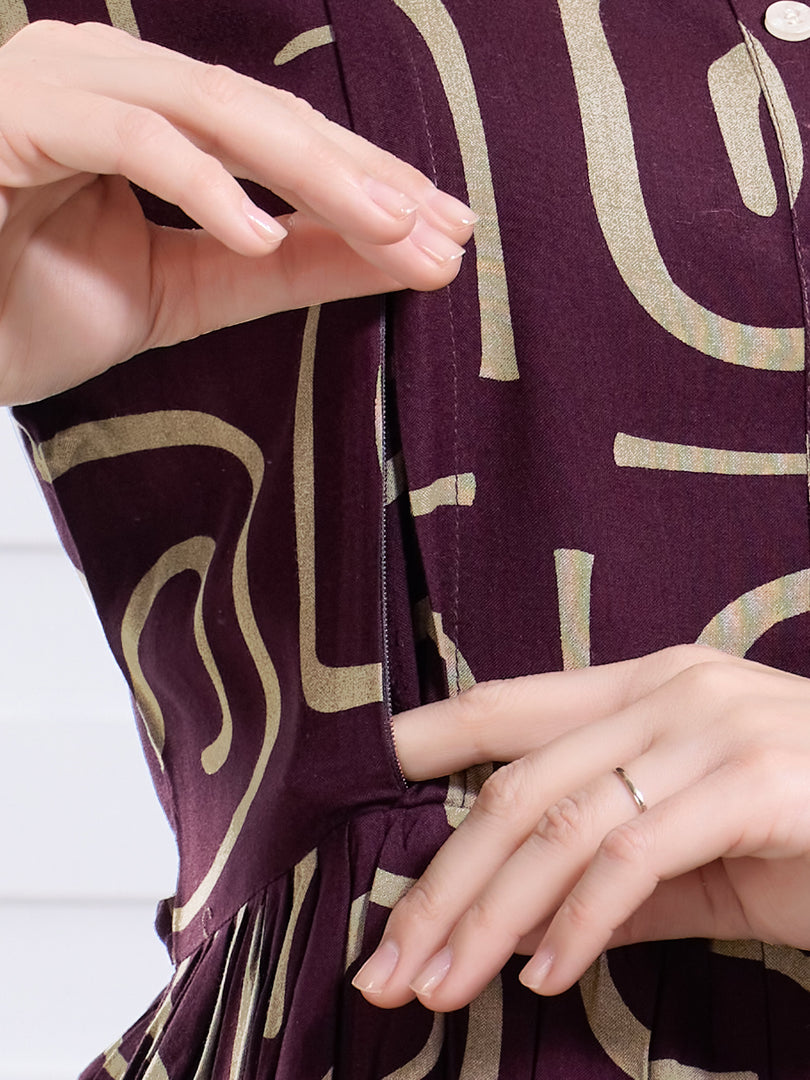 Arela Purple Printed Maternity Nightdress
