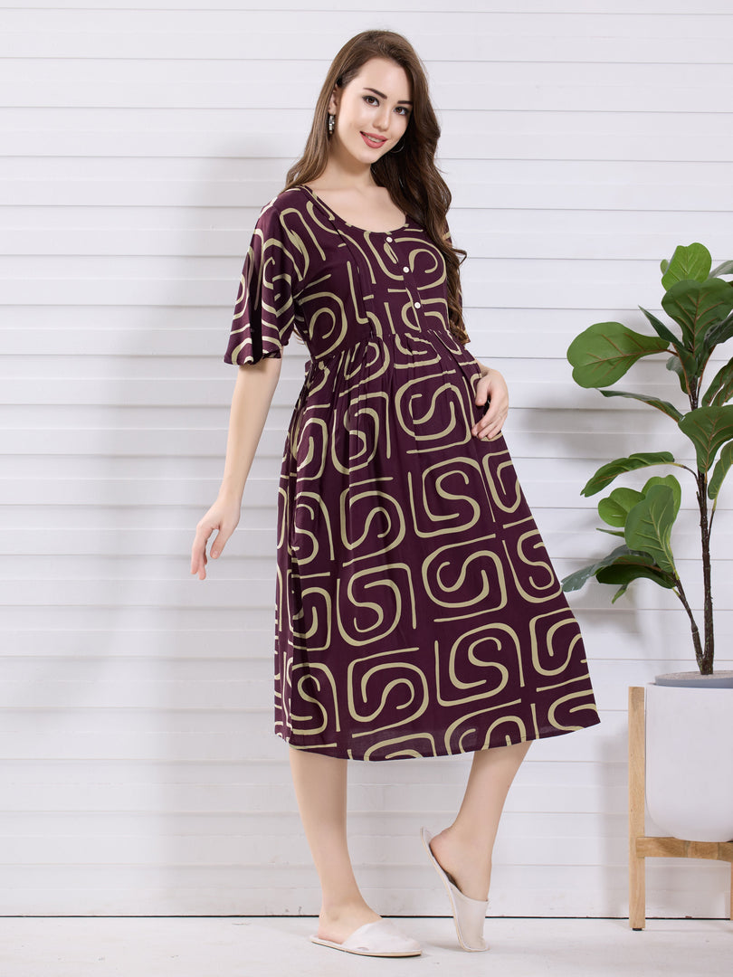 Arela Purple Printed Maternity Nightdress