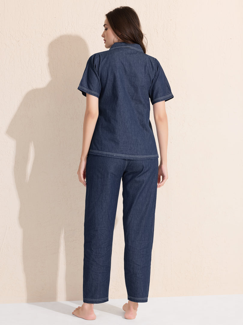 Arela Womens Blue Denim Co-ord set with Embroided Pockets