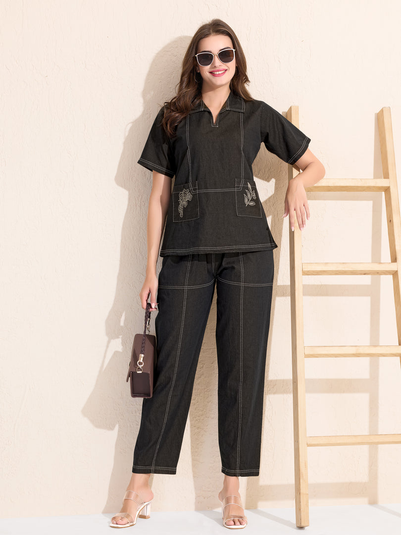 Arela Womens Charcoal Black Denim Co-ord set with Embroided Pockets