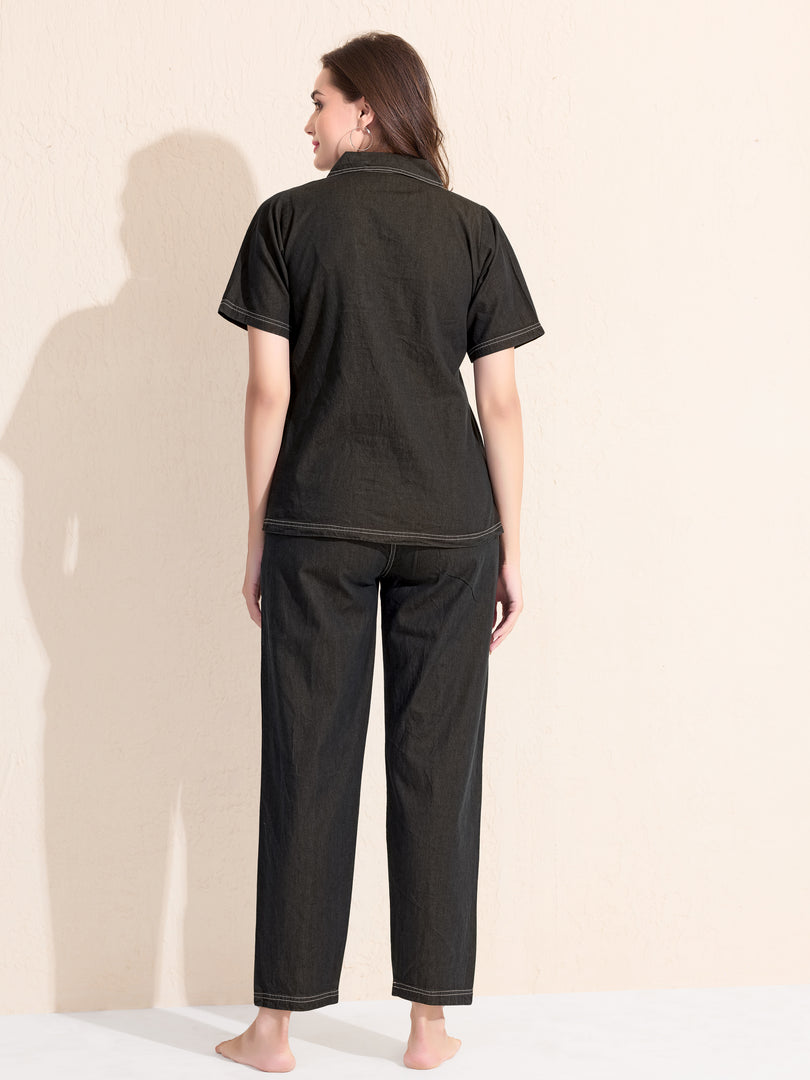 Arela Womens Charcoal Black Denim Co-ord set with Embroided Pockets