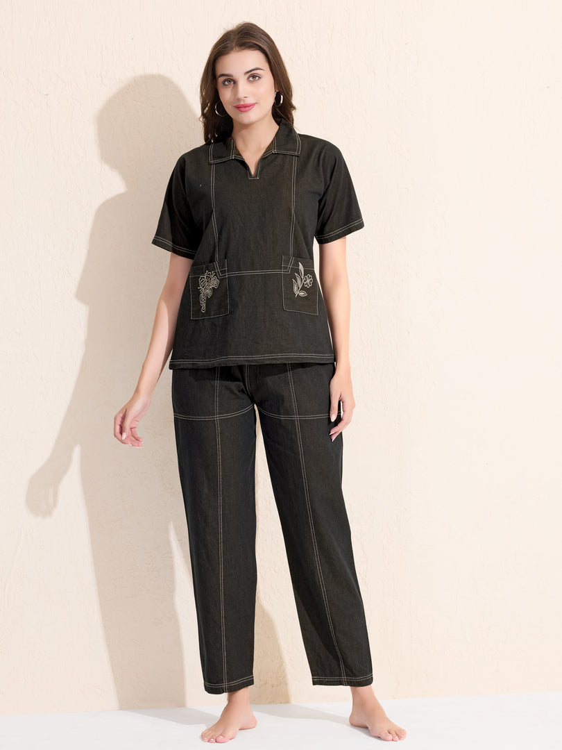 Arela Womens Charcoal Black Denim Co-ord set with Embroided Pockets