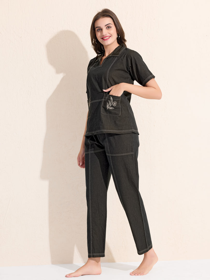 Arela Womens Charcoal Black Denim Co-ord set with Embroided Pockets