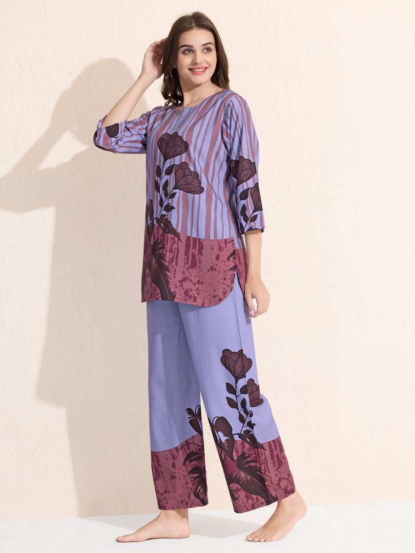 Arela Womens Purple Floral Print Co-ord set