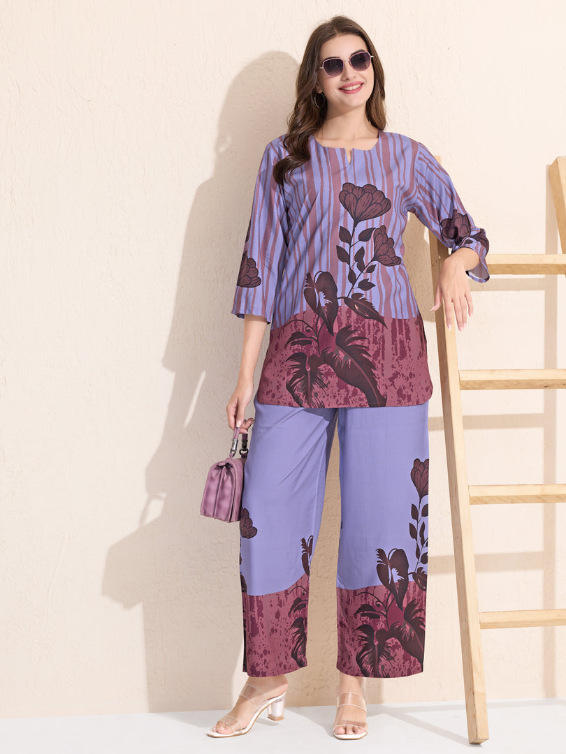 Arela Womens Purple Floral Print Co-ord set