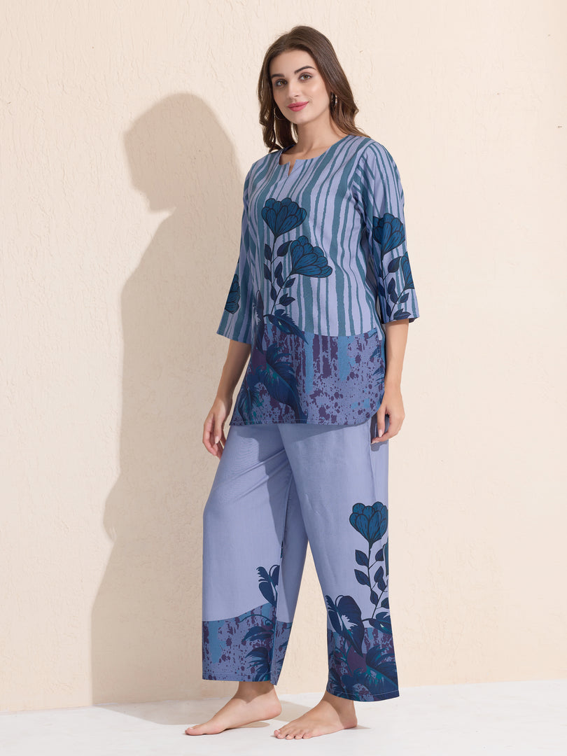 Arela Womens Blue Floral Print Co-ord set
