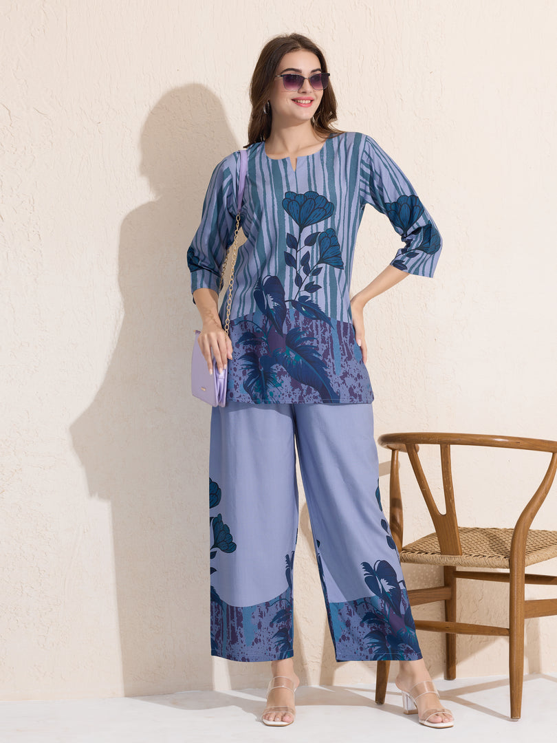 Arela Womens Blue Floral Print Co-ord set
