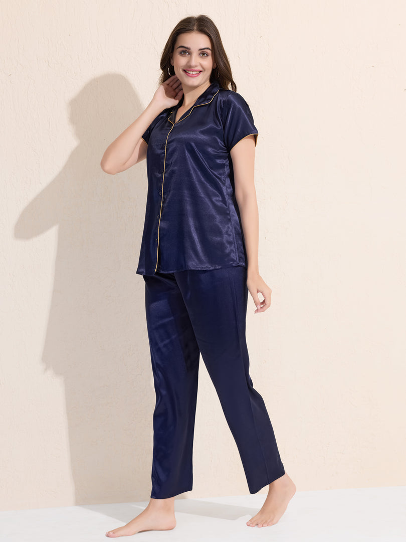 Women's Satin Shirt Collar Lounge Set