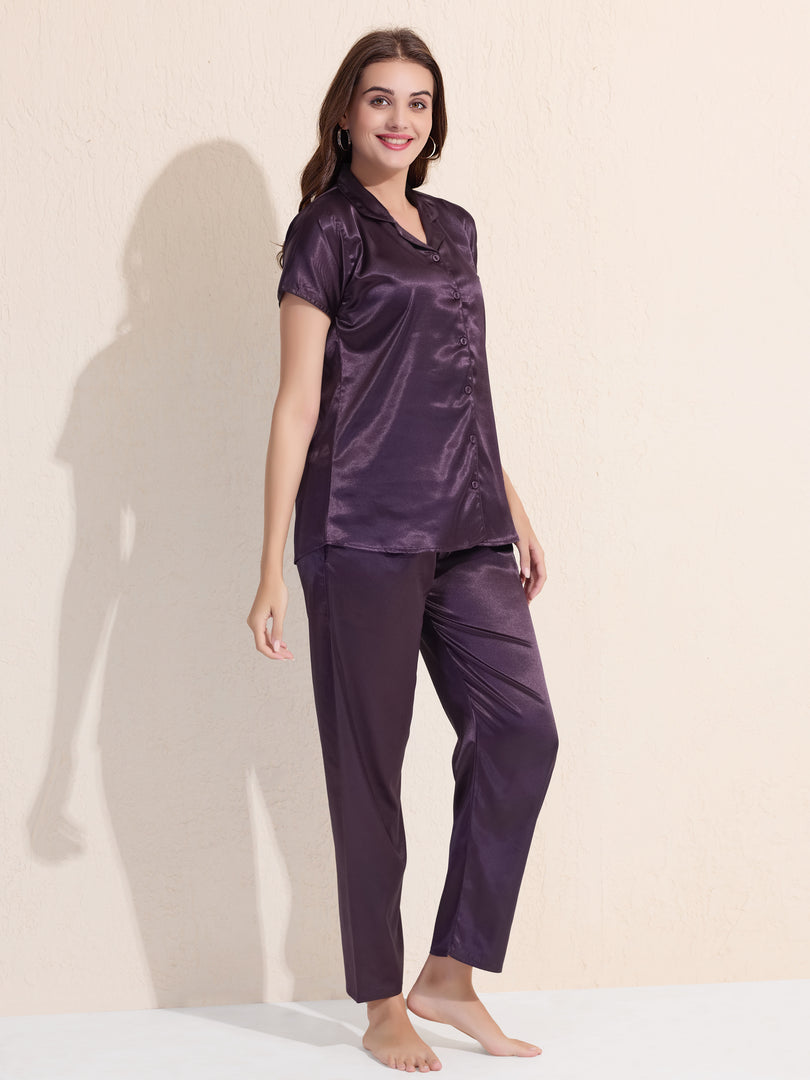 Women's Satin Shirt Collar Lounge Set