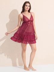 Women's Maroon Sheer Lace Babydoll
