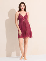 Load image into Gallery viewer, Women&#39;s Maroon Sheer Lace Babydoll Nightdress with Satin Bow
