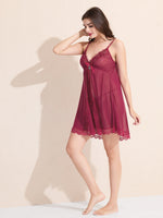 Load image into Gallery viewer, Women&#39;s Maroon Sheer Lace Babydoll Nightdress with Satin Bow
