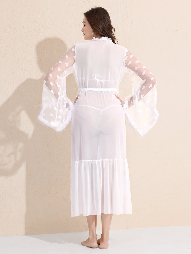 Women's 3-Piece White Sheer Lace Lingere Set With Robe, Bralette & Thong