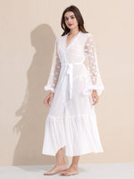 Load image into Gallery viewer, Women&#39;s 3-Piece White Sheer Lace Lingere Set With Robe, Bralette &amp; Thong
