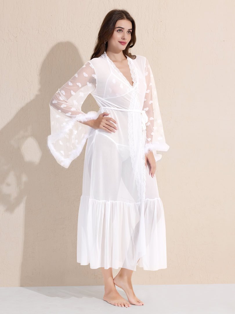 Women's 3-Piece White Sheer Lace Lingere Set With Robe, Bralette & Thong