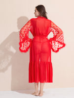 Load image into Gallery viewer, Women&#39;s 3-Piece Red Sheer Lace Lingere Set With Robe, Bralette &amp; Thong
