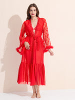 Load image into Gallery viewer, Women&#39;s 3-Piece Red Sheer Lace Lingere Set With Robe, Bralette &amp; Thong
