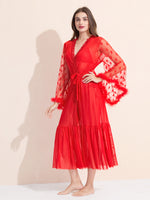 Load image into Gallery viewer, Women&#39;s 3-Piece Red Sheer Lace Lingere Set With Robe, Bralette &amp; Thong
