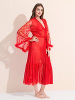 Load image into Gallery viewer, Women&#39;s 3-Piece Red Sheer Lace Lingere Set With Robe, Bralette &amp; Thong
