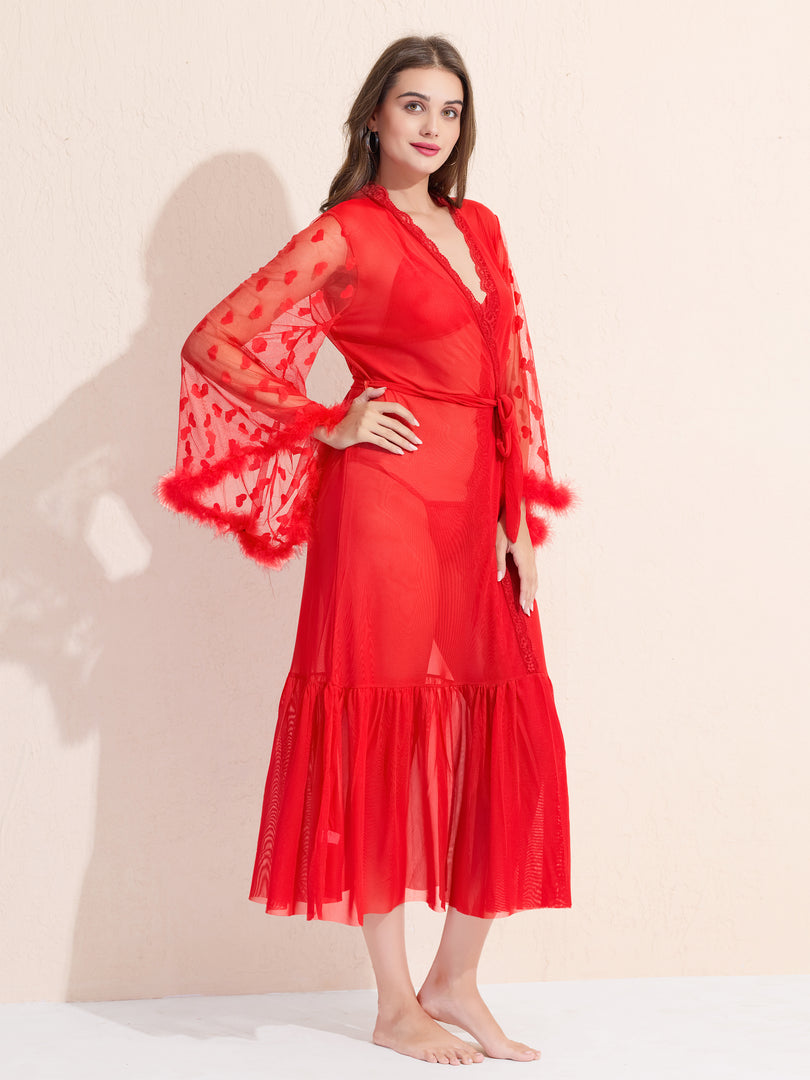 Women's 3-Piece Red Sheer Lace Lingere Set With Robe, Bralette & Thong
