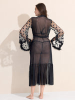 Load image into Gallery viewer, Women&#39;s 3-Piece Black Sheer Lace Lingere Set With Robe, Bralette &amp; Thong

