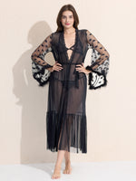 Load image into Gallery viewer, Women&#39;s 3-Piece Black Sheer Lace Lingere Set With Robe, Bralette &amp; Thong
