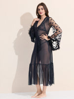 Load image into Gallery viewer, Women&#39;s 3-Piece Black Sheer Lace Lingere Set With Robe, Bralette &amp; Thong
