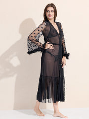 Women's 3-Piece Black Sheer Lace Lingere Set With Robe, Bralette & Thong