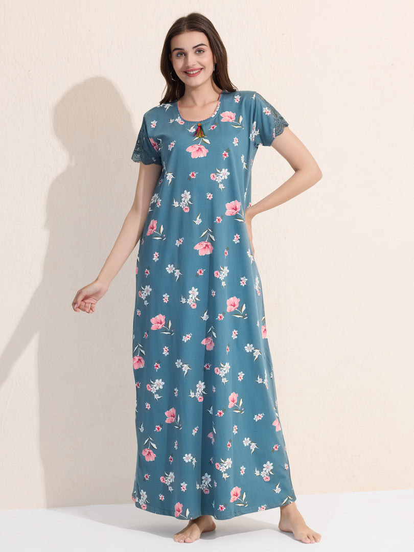 Women's Blue Floral Printed Hosiery Nighty
